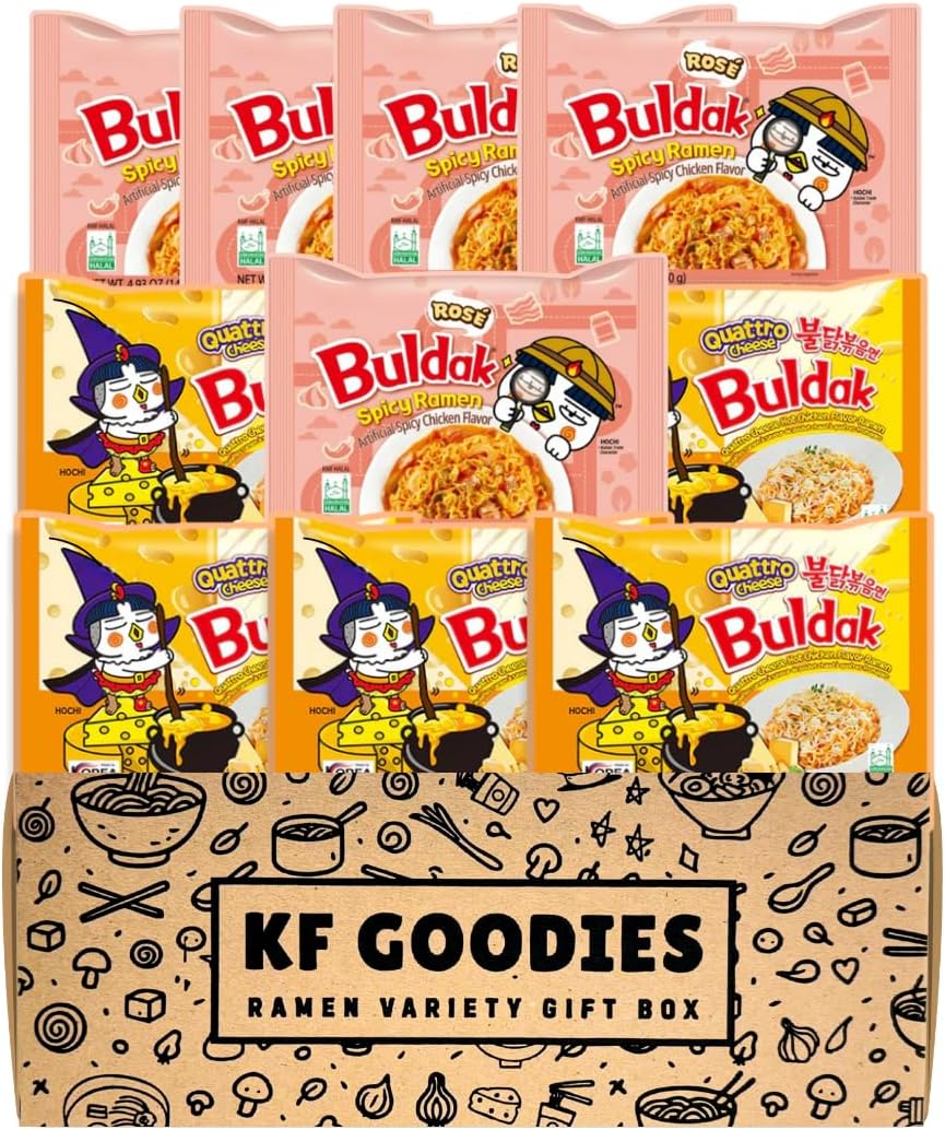 KF GOODIES Korean Ramen Variety Pack Gift Box (10 Count) – Spicy Buldak Noodle Assortment for Birthdays, College Care Packages, Office Snacks, and Gift Baskets