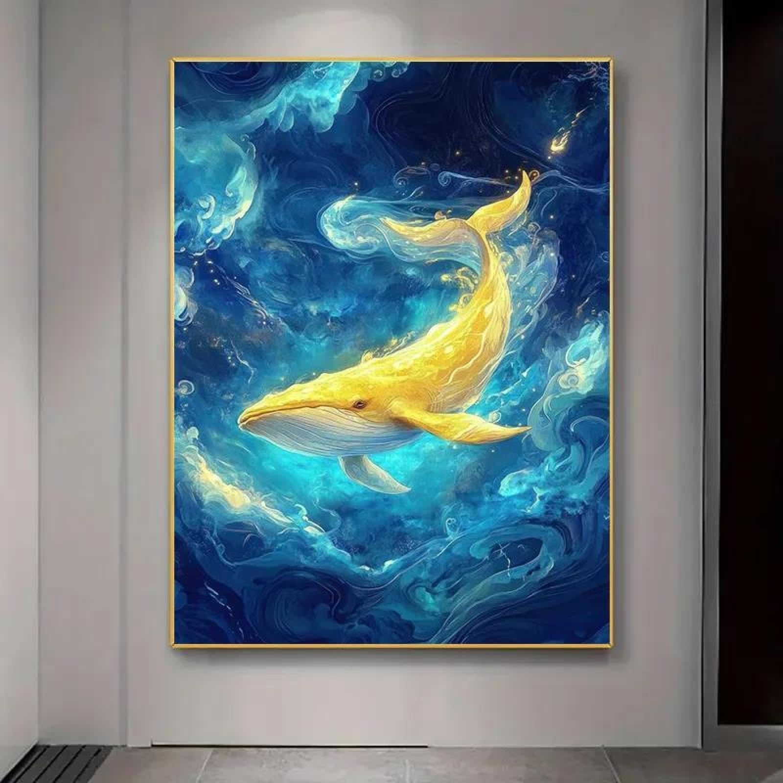 Baibexing Abstract Golden Whale Of The Abyss Poster And Prints Blue Golden Swirling Art Canvas Painting Wall Art Picture For Living Room Home Decor 40X50Cm Unframed