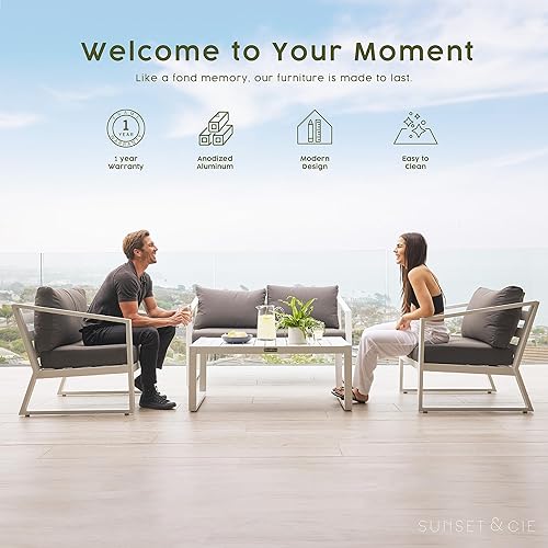 Miniatura 2 de Sunset & Cie Moderno juego de muebles de patio de aluminio de 4 piezas, juego de patio con 1 sofá biplaza, mesa auxiliar y 2 sillas, muebles de