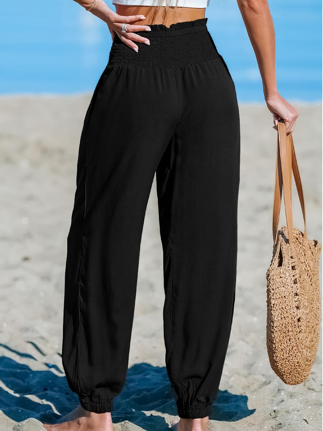 CUPSHE Women Pants with Pocket Smocked Waist Wide Leg Ruffle Loose Fit Pant Casual Beach - Image 3