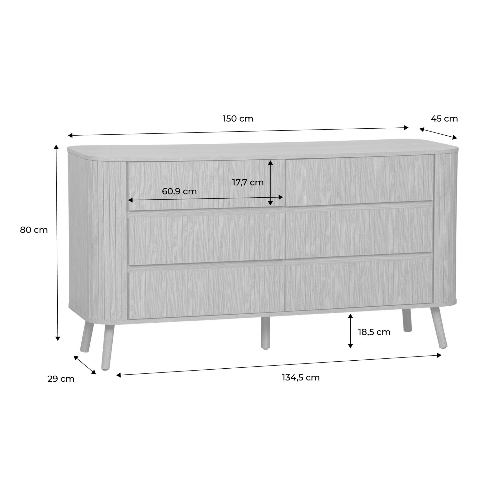 sweeek - Commode 6 tiroirs. décor strié Naturel. L 150 x P 45 H 80cm