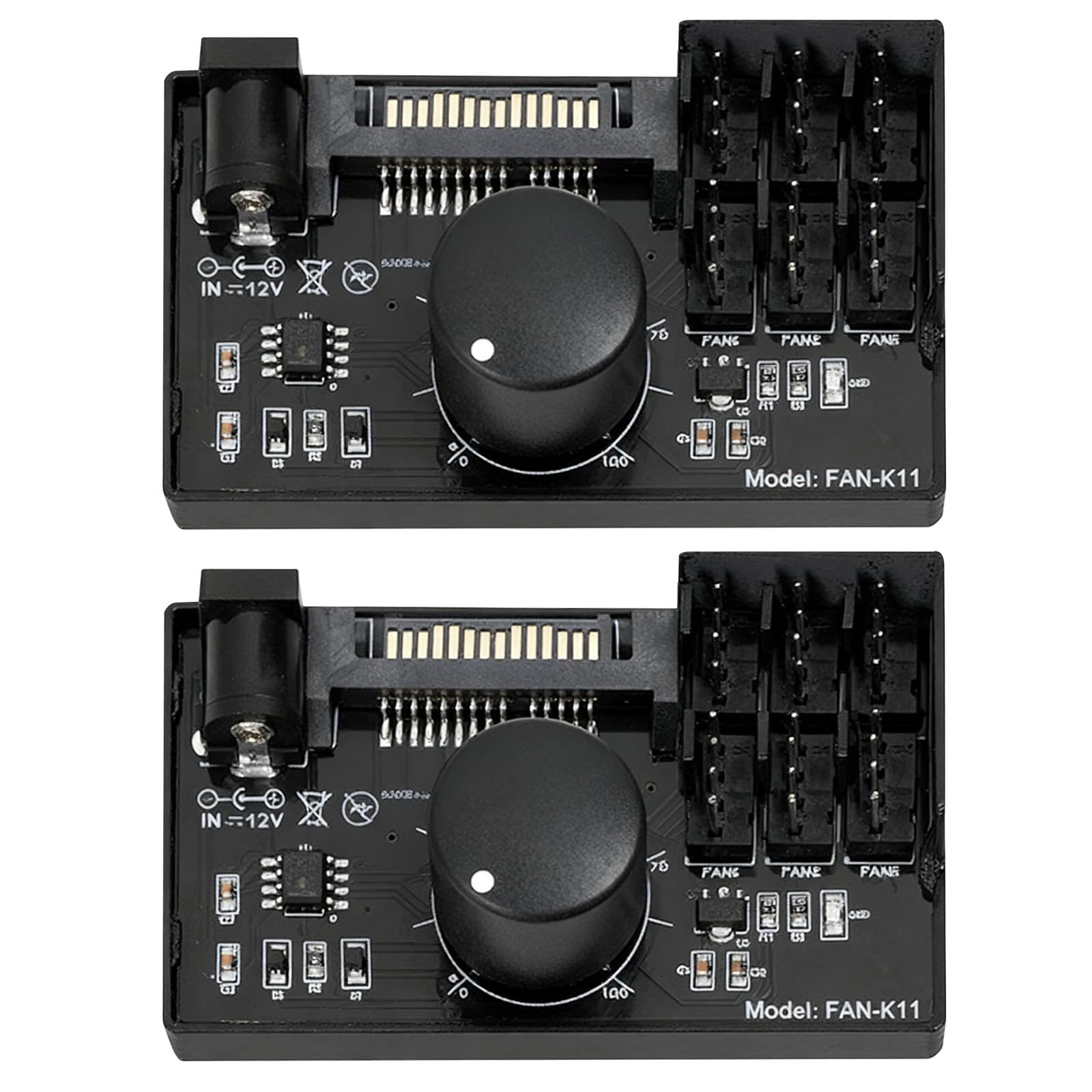 2 controller di velocità della ventola PWM 12 V: 4 poli, hub adattatore ventola per PC con alimentazione tramite SATA e DC 5525, Cooling Fan Speed Knob con uscita massima totale 60 W 5 A