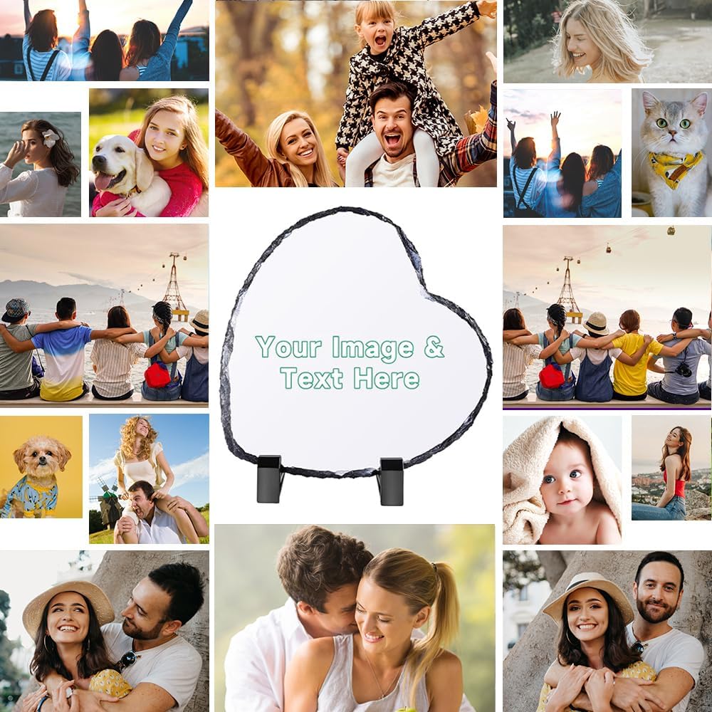 Personalized Photo Frame - Custom Picture Stone Rock Slate Plaque Frames with Display Stand, Customized Gifts for Mothers Fathers Day Valentine's Wedding Birthday Christmas Thanksgiving, Heart Shape