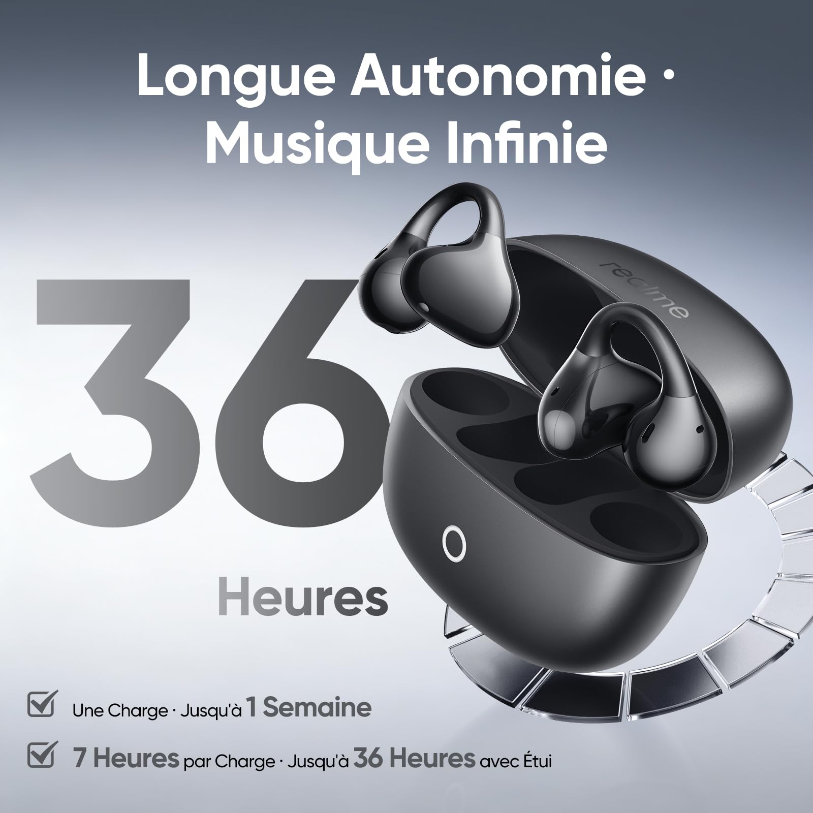 realme Buds Clip Écouteurs Bluetooth à Clip, 36H d'Autonomie, Réduction de Bruit des Appels IA, Traducteur IA, IP55, Bluetooth 5.4, Connexion Double Appareil, pour Sport & Intérieur, Negro Titanio