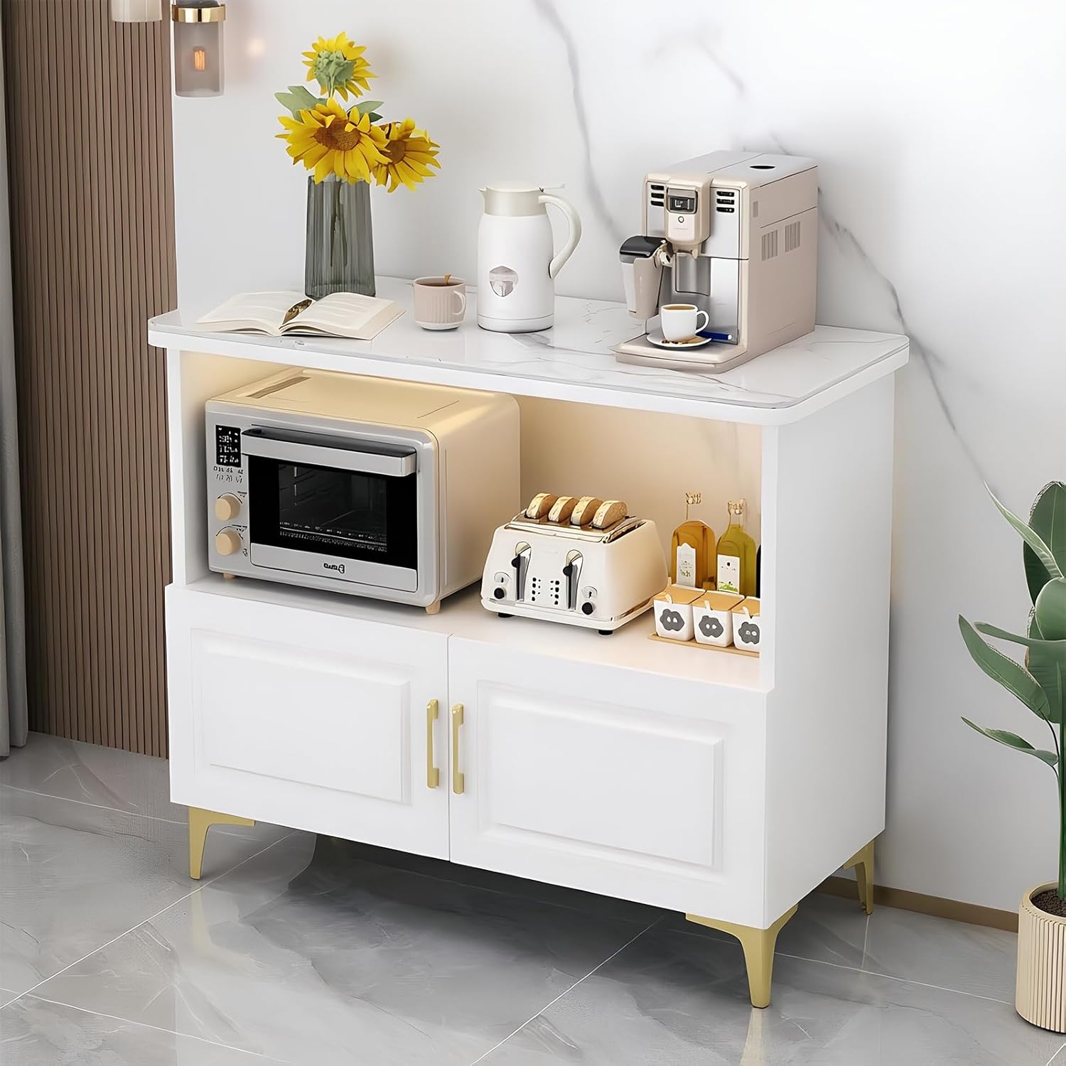 Storage Trolley Sideboard Kitchen Island White Buffet Cabinet Freestanding Storage Credenza Shelving Organizer(Medium)