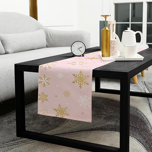 Miniatura 5 de Camino de mesa de copo de nieve rosa rubor, lino de algodón, bufandas de tocador de vacaciones de 120 pulgadas, feliz Navidad, romántico, color