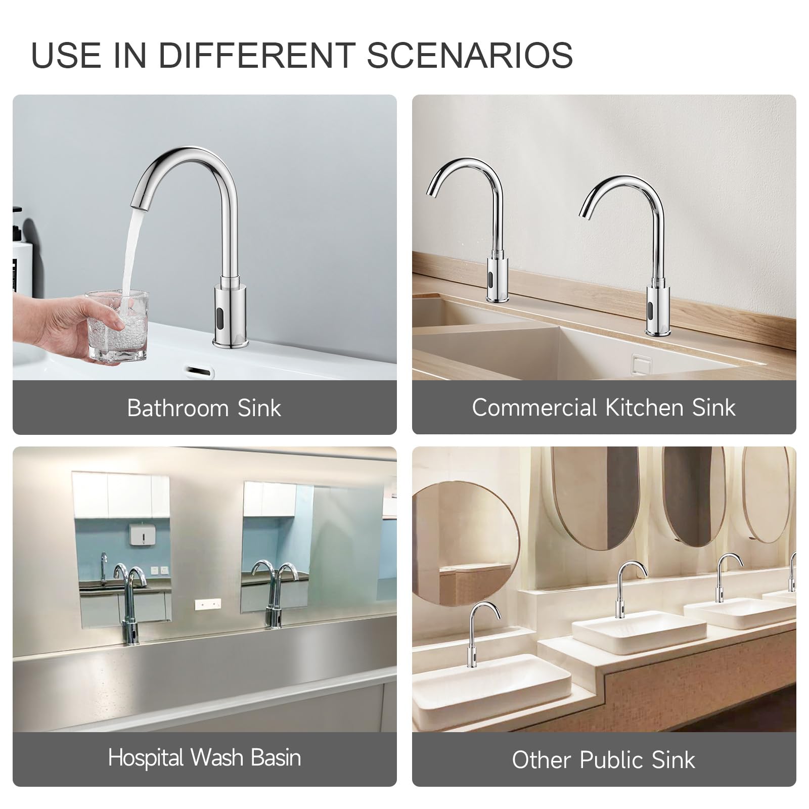 Grifo automático sin contacto para fregadero de baño, sensor de movimiento, grifo de cocina comercial manos libres con placa de cubierta de agujero, alimentado por CA/CC, grifo de fregadero público,