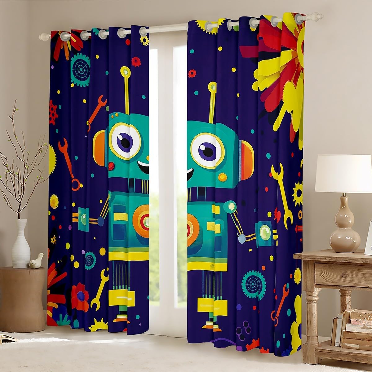 Manfei Kawaii Robot Kids Blackout Curtain,Modern Cartoon Toys Window Drapes for Boys Girls,Watercolor Intelligent Equipments Tools Green Blue Window Treatments Grommet Top 2 Panel Set,52Wx63L inch