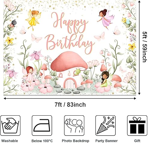 Miniatura 2 de Avezano Telón de fondo de cumpleaños de hadas, elfo, hongo, hada, decoración de fiesta de cumpleaños, jardín de mariposas, fondo floral para niños y