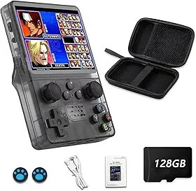 O R35S é um console de jogos portátil retrô com 128 GB de memória, sistema operacional Arkos 2.0, 1 GB de RAM e mais de 39.000 jogos já instalados.