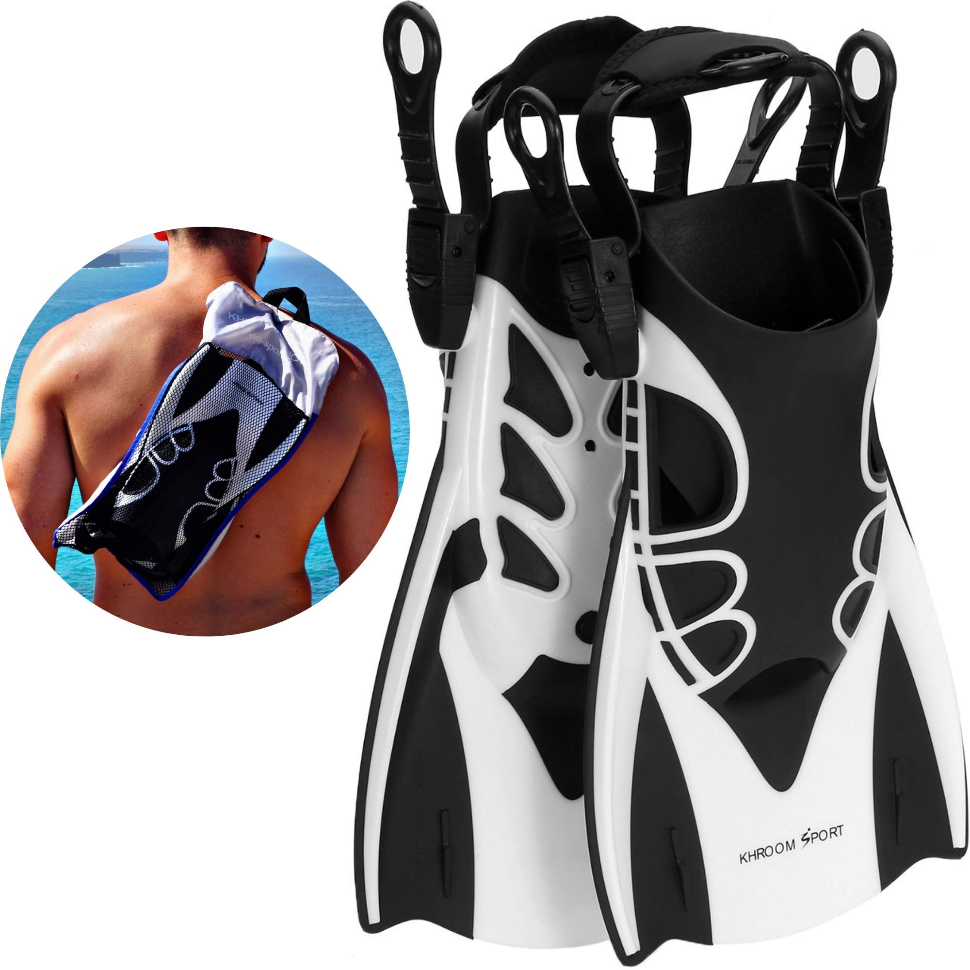 KhroomShort fins with adjustable heel for adults and children. Ideal for snorkelling, diving and swimming | with Fins Bag