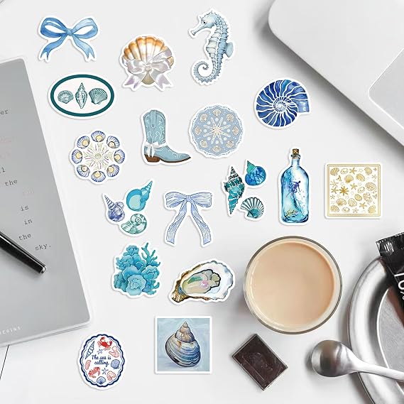 50Pcs Aesthetic Blue Beach Stickers Pack Cute Ocean Beach Stickers | Summer Coastal Sticker for Kids Girls Adults, Waterproof Vinyl Decals for Laptop Water Bottle Scrapbook Journal