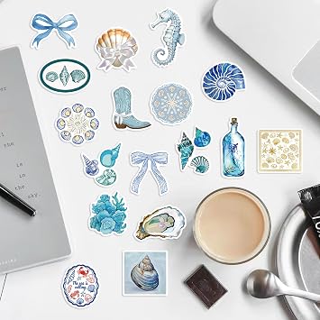 50Pcs Aesthetic Blue Beach Stickers Pack Cute Ocean Beach Stickers | Summer Coastal Sticker for Kids Girls Adults, Waterproof Vinyl Decals for Laptop Water Bottle Scrapbook Journal