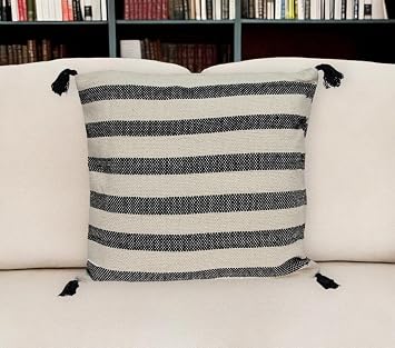 HomeRoots 529188 24 in. Beige & Black Striped Cotton Throw Pillow with Tassels