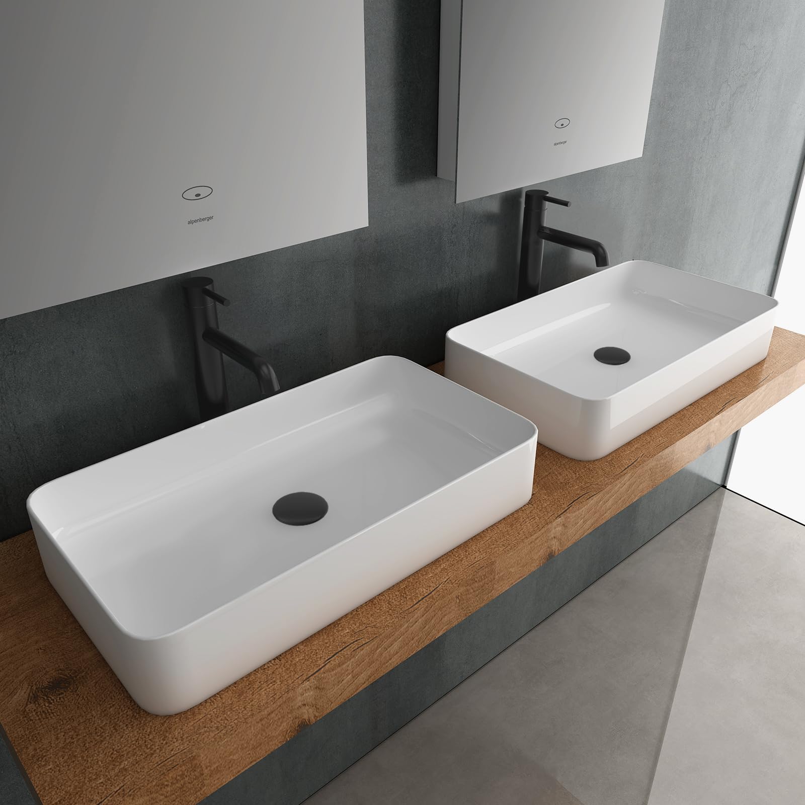 Alpenberger Aufsatzwaschbecken 60 cm Breit mit Nano Beschichtet | Sauberes Keramik Waschbecken Eckig | Waschtisch ohne Hahnloch für Bad & Gäste-WC | Design Aufsatz-Waschschale Modern ohne Überlauf
