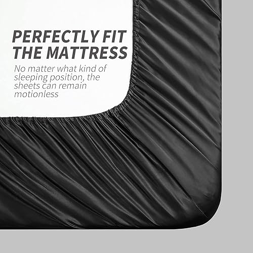 Miniatura 5 de juego de 3 sábanas de satén negro tamaño Twin XL, juego de sábanas de satén sedoso con 1 sábana bajera con bolsillo profundo, 1 sábana encimera, 1
