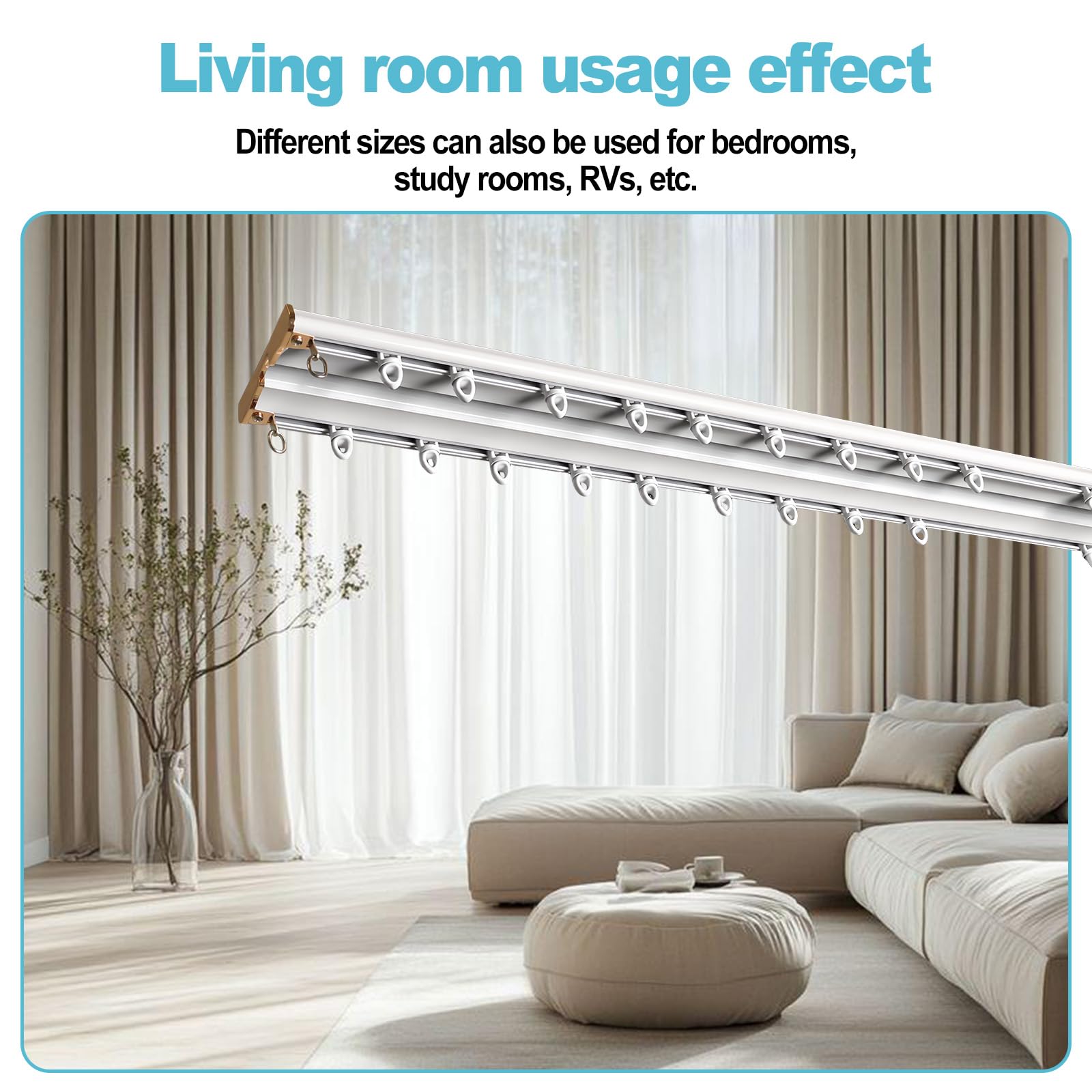 Rail de Rideau 305 cm/10ft, Tringle à Rideaux 2 Voies en Aluminium | avec Roulettes Silencieuses, pour Salon, Chambre, Hôtels