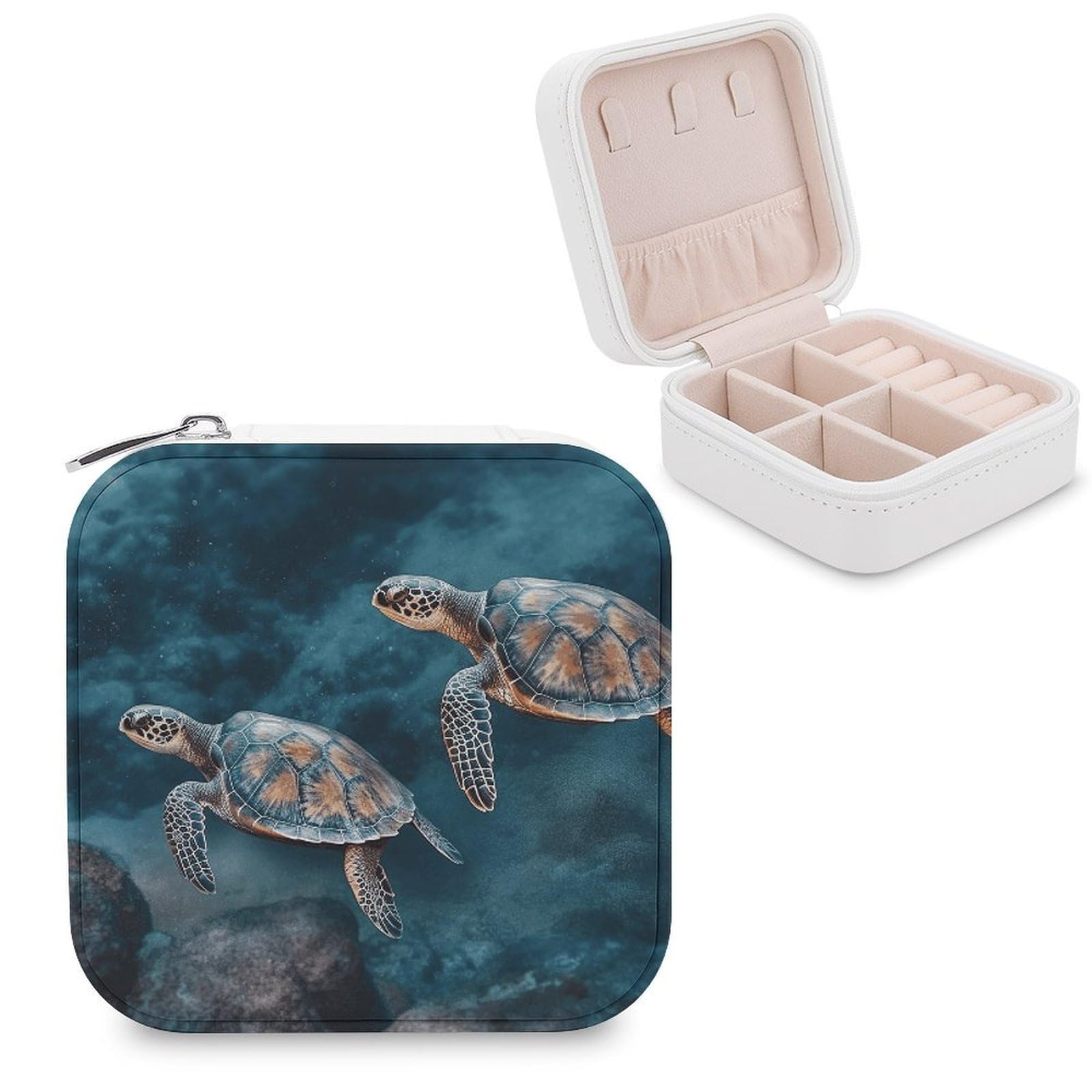 FekiLoot Turtle Swimming in The Sea Jewelry Box Custom Jewelry Travel Case Pu Leather Trinket Organizer Box to Organize Ring Pendant Earring Small Portable Jewelry Storage Holder for Women