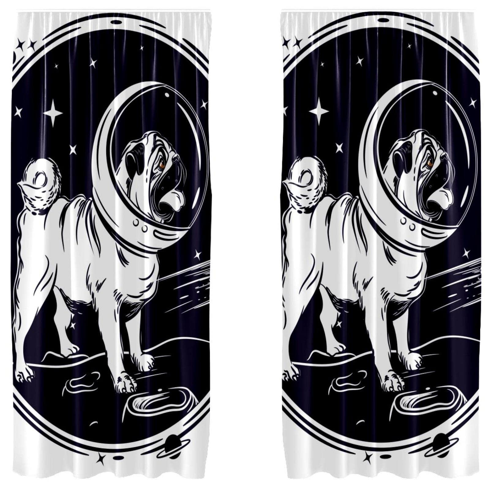 Cortinas de salon divertidas con diseño de perro carlino en el espacio para salitas de juegos