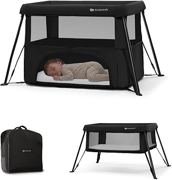 Kinderkraft CAMI 3-in-1 Baby Bed, Travel Bed for Baby, from Birth to 3 Years, Baby cot, Travel cot, Easy to Fold Compactly, Travel Bag Included, Two Levels, Black