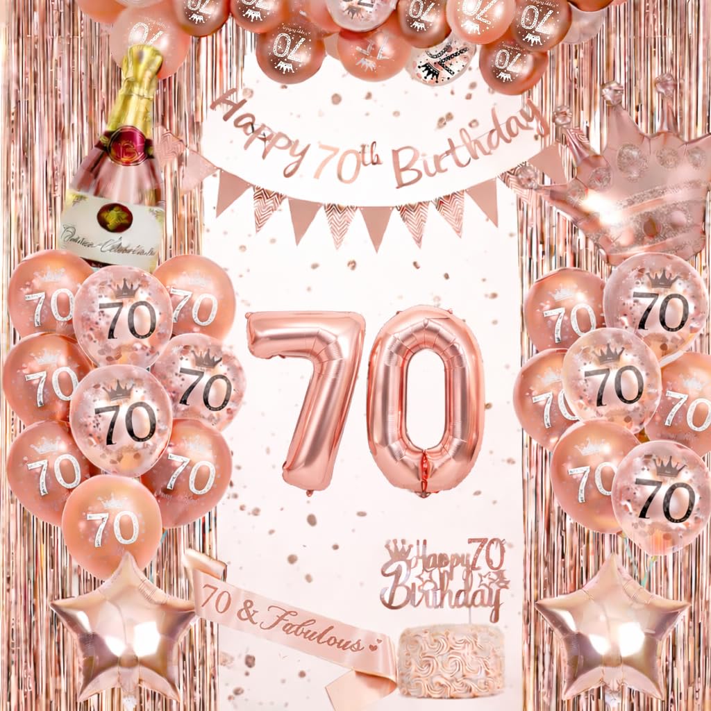 Omrel Rose Gold 70th Birthday Decoration for Women - Happy 70th Birthday Banner For Women, Triangle Flag Banner, Number 70th Birthday Balloons, Foil Curtains for Party Decorations
