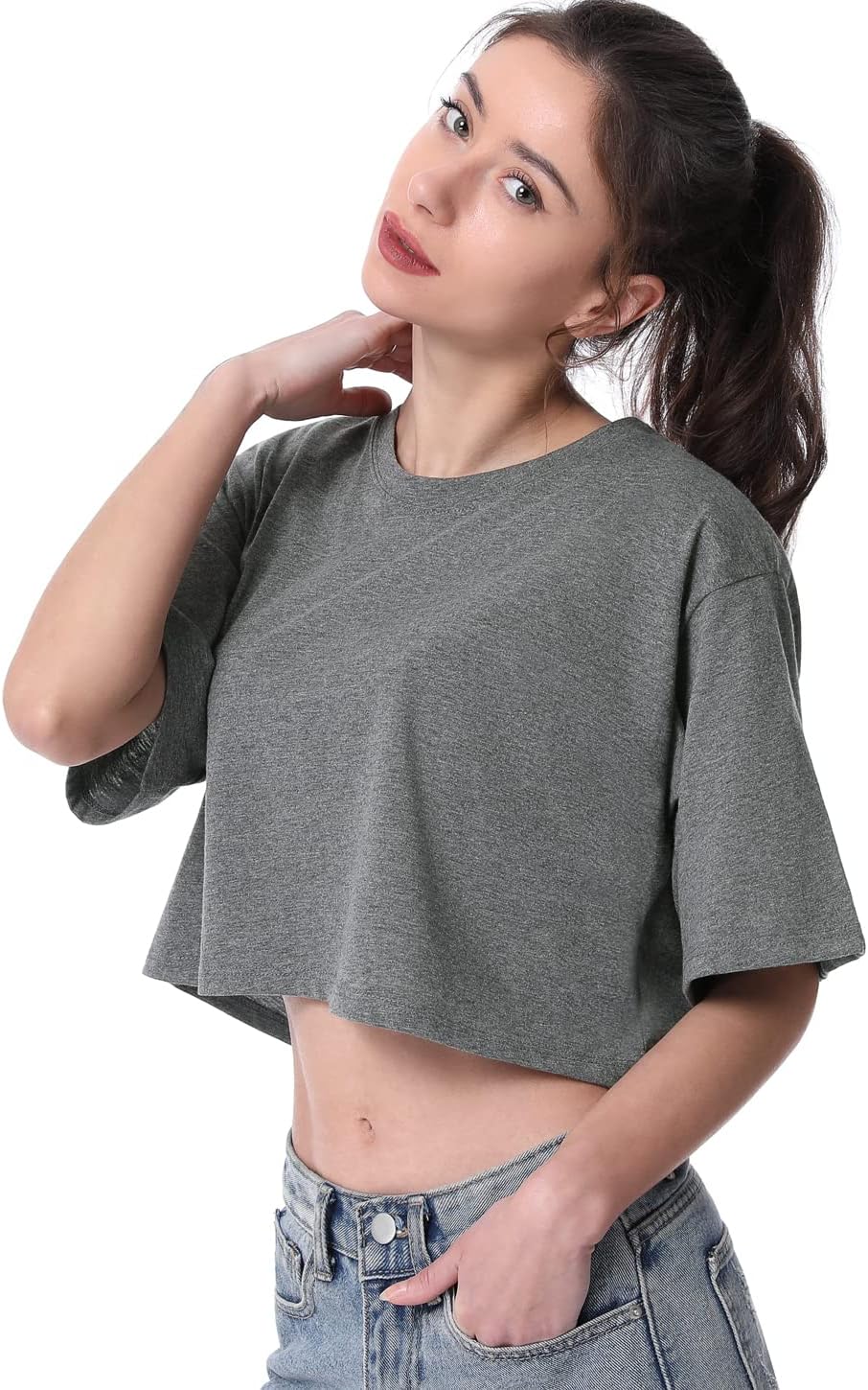 Cosy Pyro 4-Pack Women's Cotton Crop T-Shirts Short Sleeve Solid Cropped Athletic Top Round Neck Casual Workout Yoga Tees - Image 3