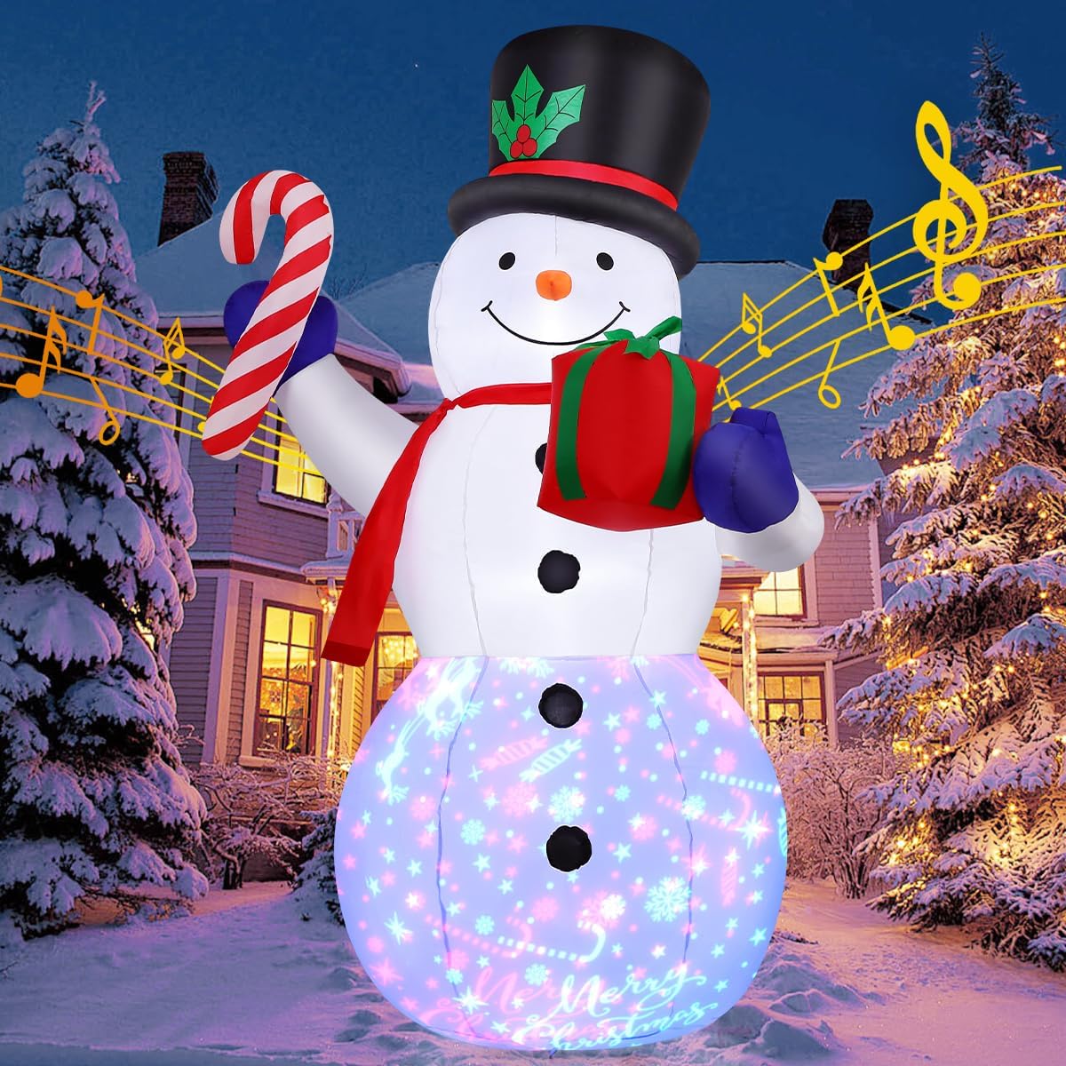 GOOSH 8 FT Christmas Inflatables Snowman and Gift Box with Built-in Music & 360° Rotation Colorful Projector LED Light, Blow Up Snowman Outdoor Christmas Decoration for Holiday Xmas New Year