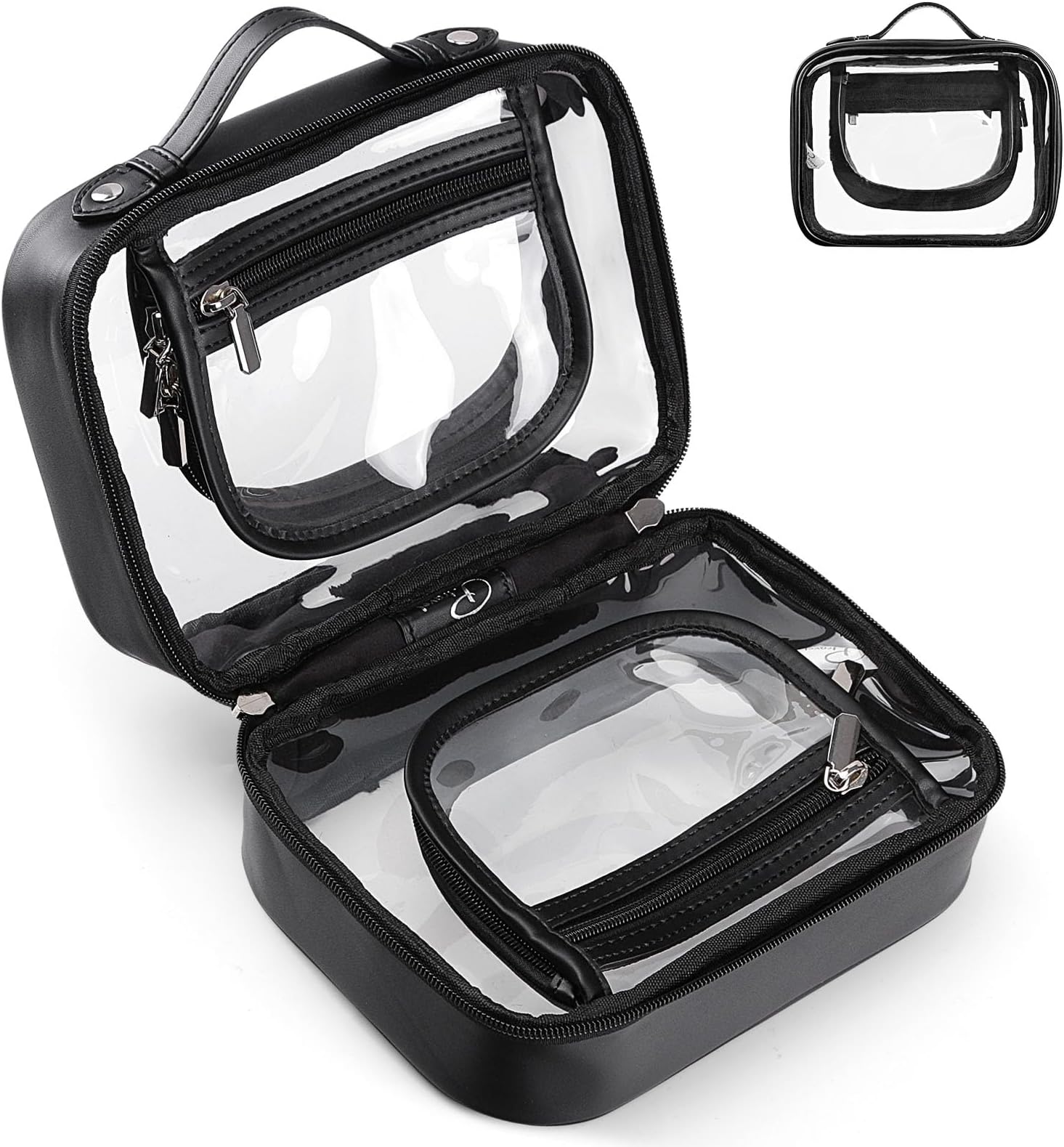 HIMS Clear Cosmetic Bag with Handle, 2 Layer Clear Toiletry Bag for Travel Clear Makeup Bag with Zipper Transparent Travel Bag for Toiletries, Waterproof Toiletry Bag Zippered Organizer