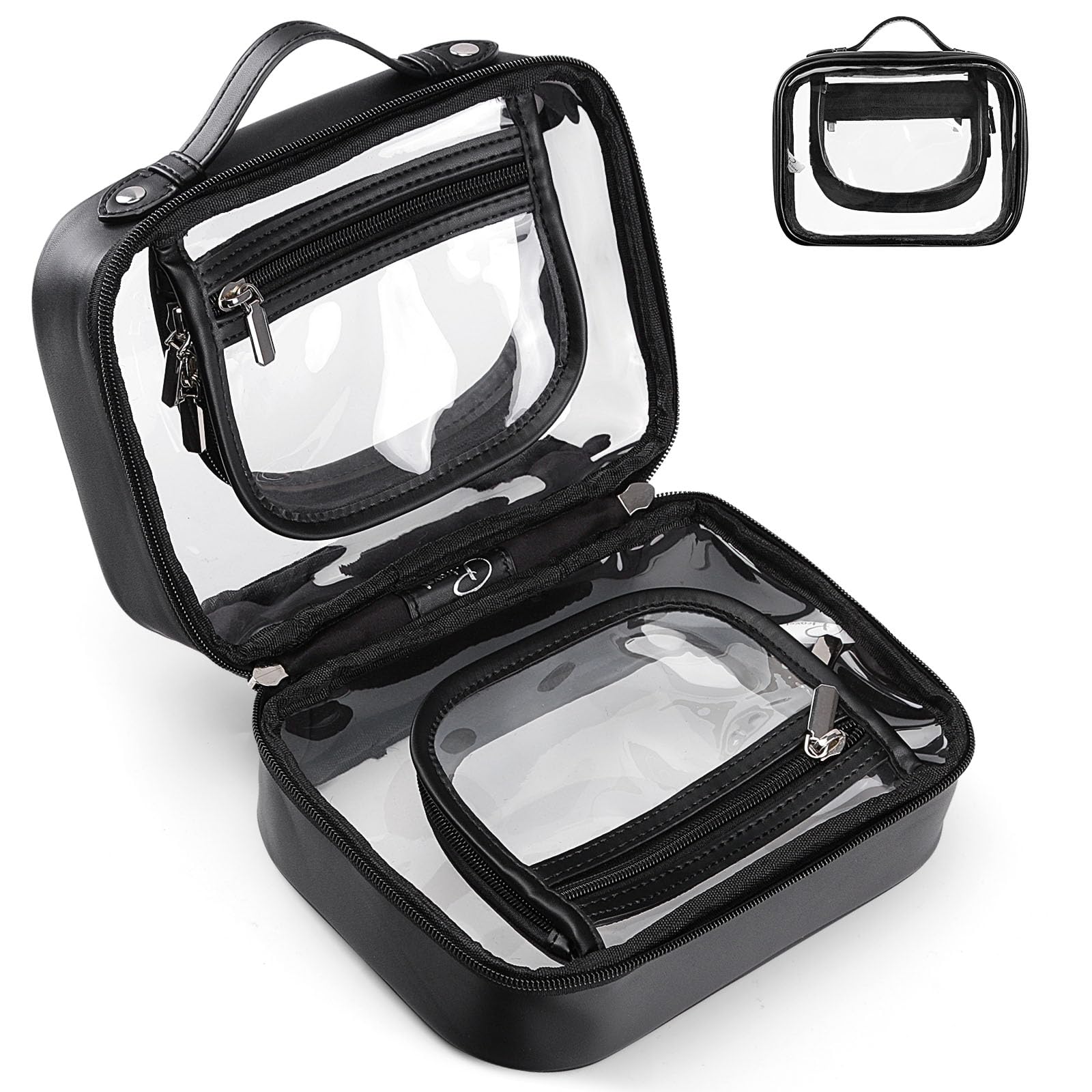 HIMS Clear Cosmetic Bag with Handle, 2 Layer Clear Toiletry Bag for Travel Clear Makeup Bag with Zipper Transparent Travel Bag for Toiletries, Waterproof Toiletry Bag Zippered Organizer