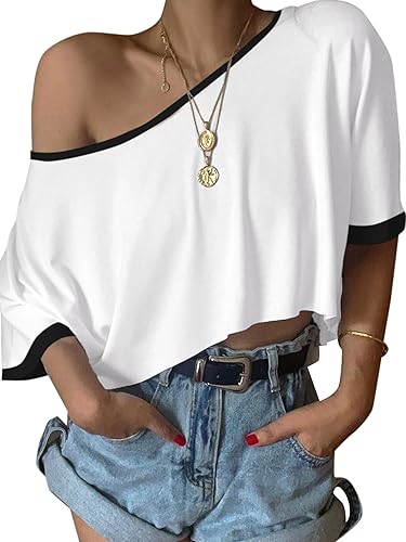 SOFIA'S CHOICE Women's Off Shoulder Crop Tops Loose Boat Neck Short Sleeve T Shirt - Large - White Black