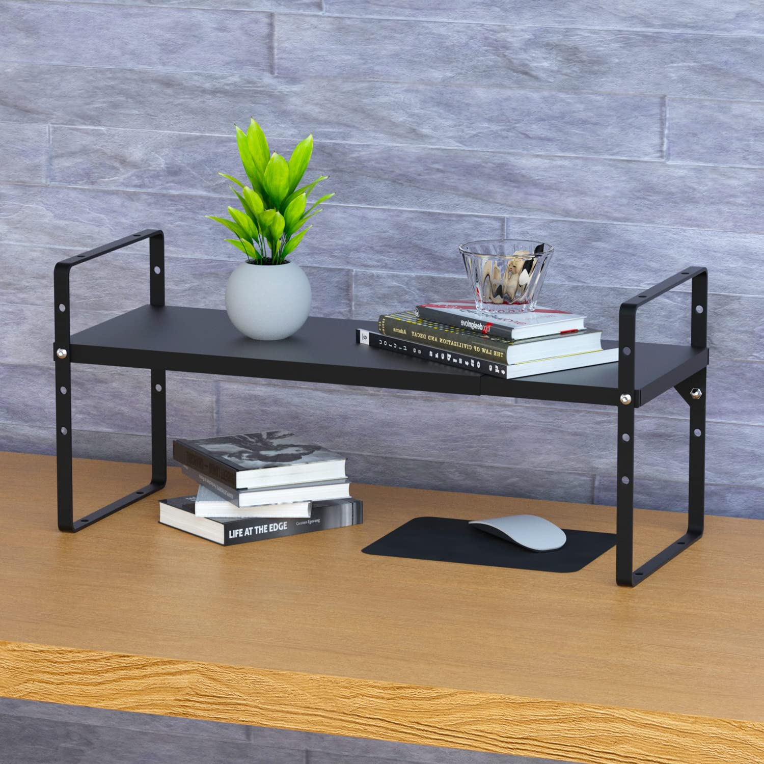 GNEOUS Greal Expandable Kitchen Shelves Organizer Adjustable Cabinet Shelf Spice Rack Countertop Organizer for Kitchen Pantry Bathroom Bedroom Office, Black,Set of 1