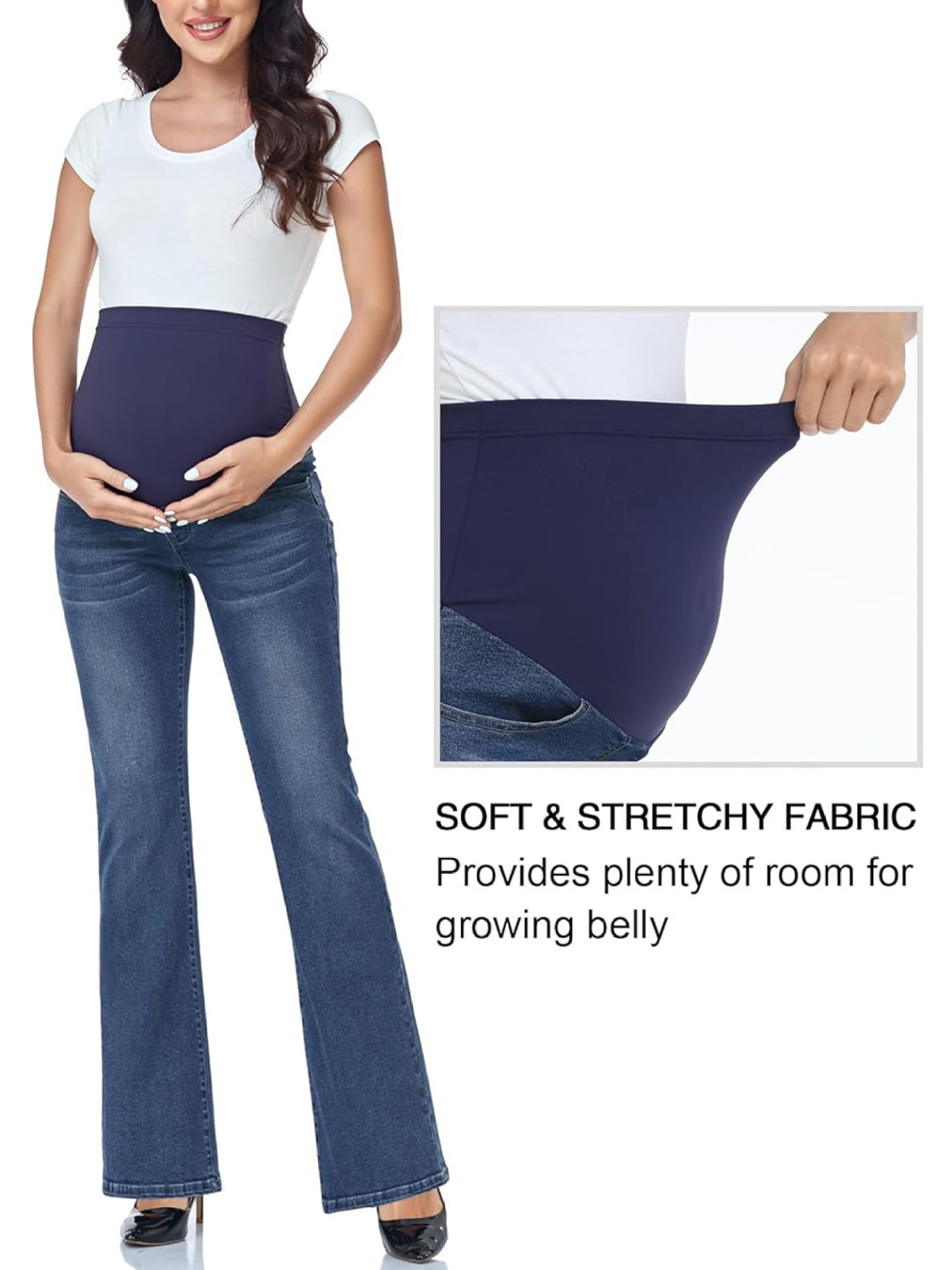 Pantalon de grossesse pour femme - Pantalon en jean évasé - Avec poches - Taille haute - Extensible