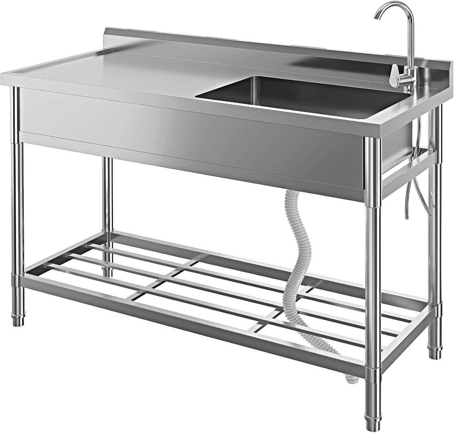 Free Standing Utility Sink, 24" Single Bowl Stainless Steel Commercial Kitchen Sink with Cold and Hot Water Pipe, for Indoor & Outdoor