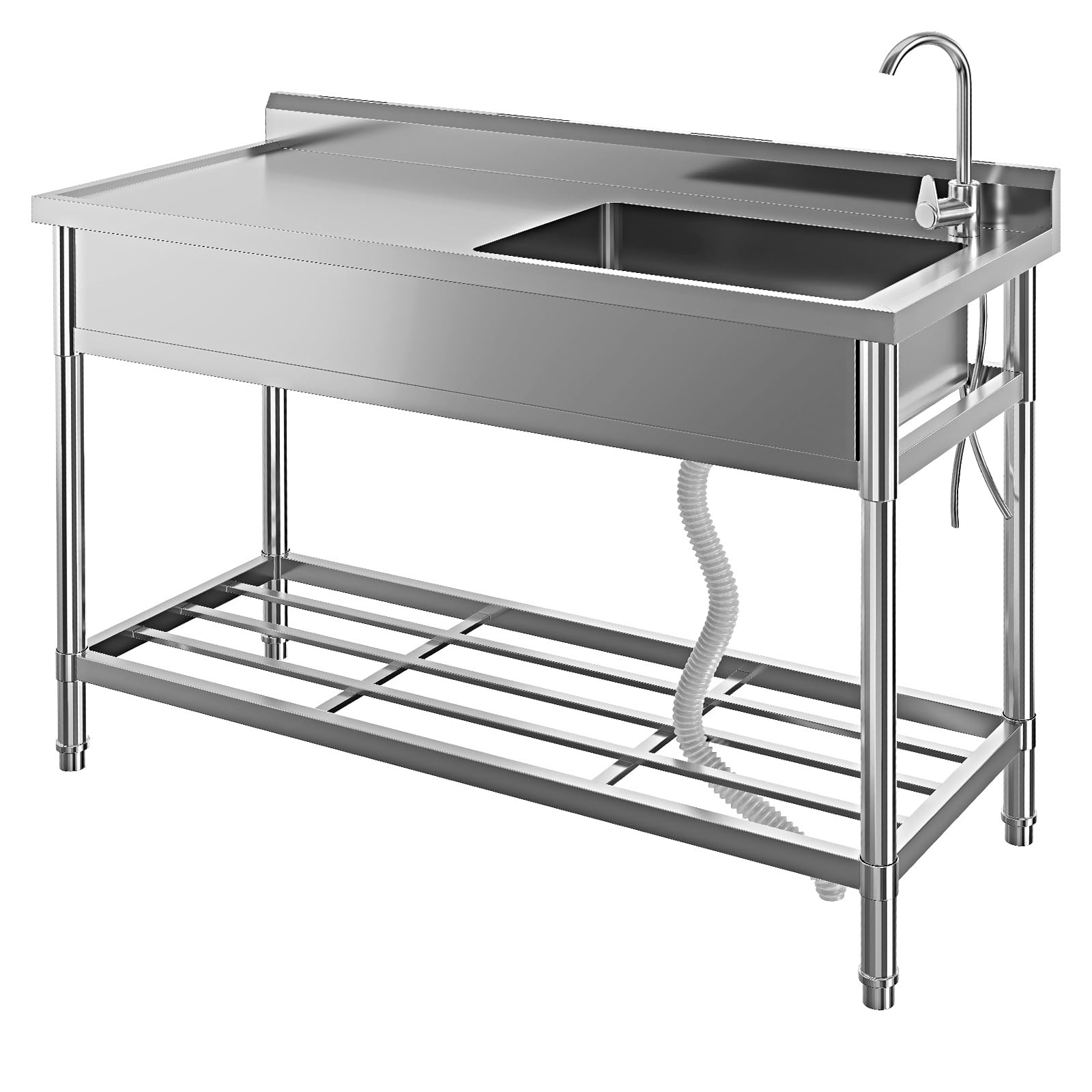Free Standing Utility Sink, 47" Single Bowl Stainless Steel Commercial Sink with Cold and Hot Water Pipe & Workbench, for Kitchen, Laundry