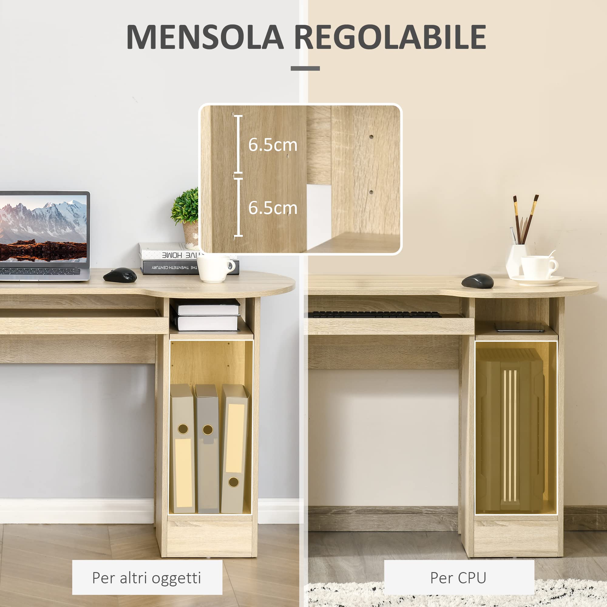 HOMCOM Scrivania da PC per Ufficio con Scaffali con Cassetti Color Legno | Ripiano Testiera in Legno, Scrivania per Computer