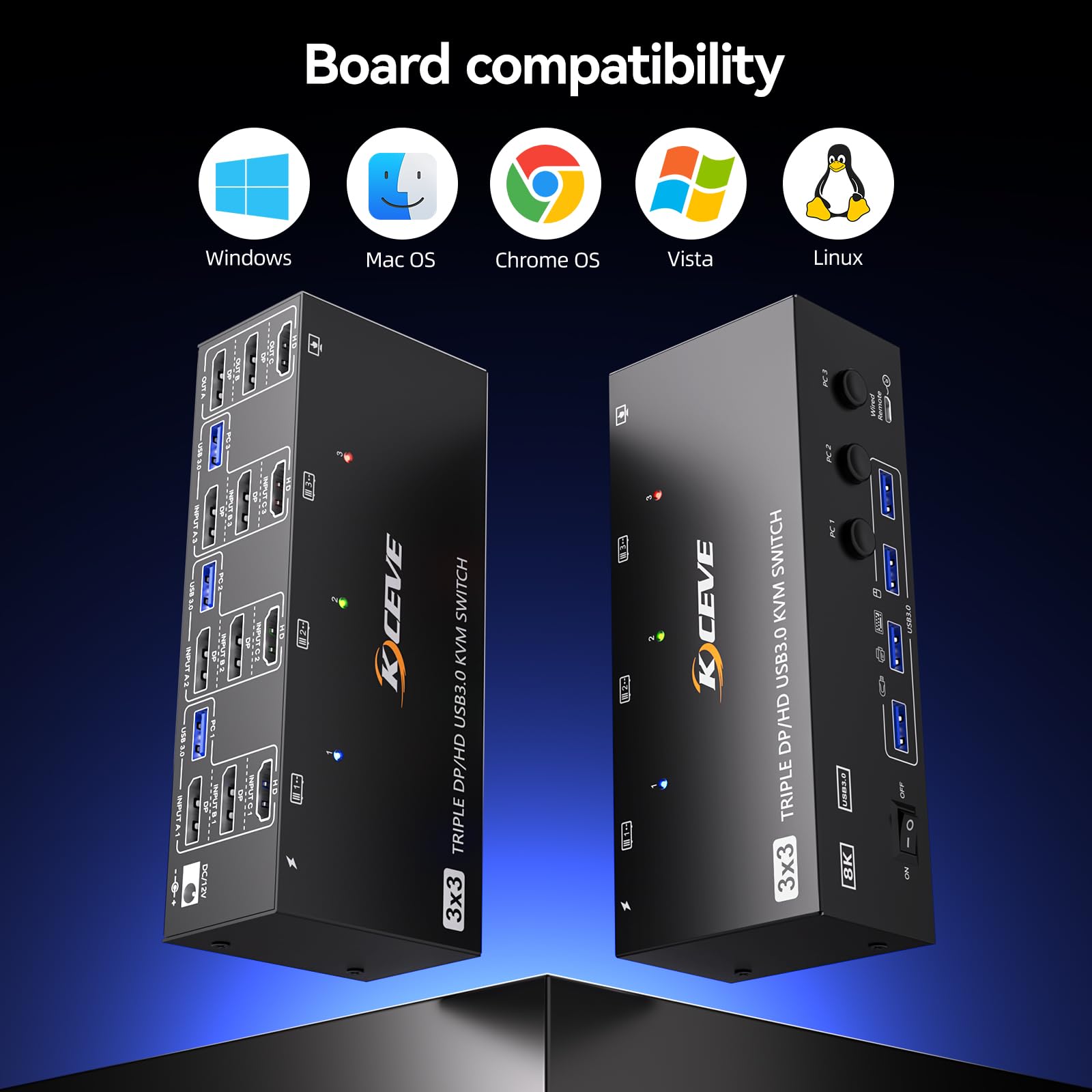 KVM Switch 3 Monitores 3 PC 8K@60Hz,4K@144Hz,HDMI Displayport Triple Monitor KVM Switch,3 Monitor Conmutador KVM con 4 Puertos USB 3.0 para Teclado y Ratón, Control Remoto y Adaptador DC/12V Incluidos