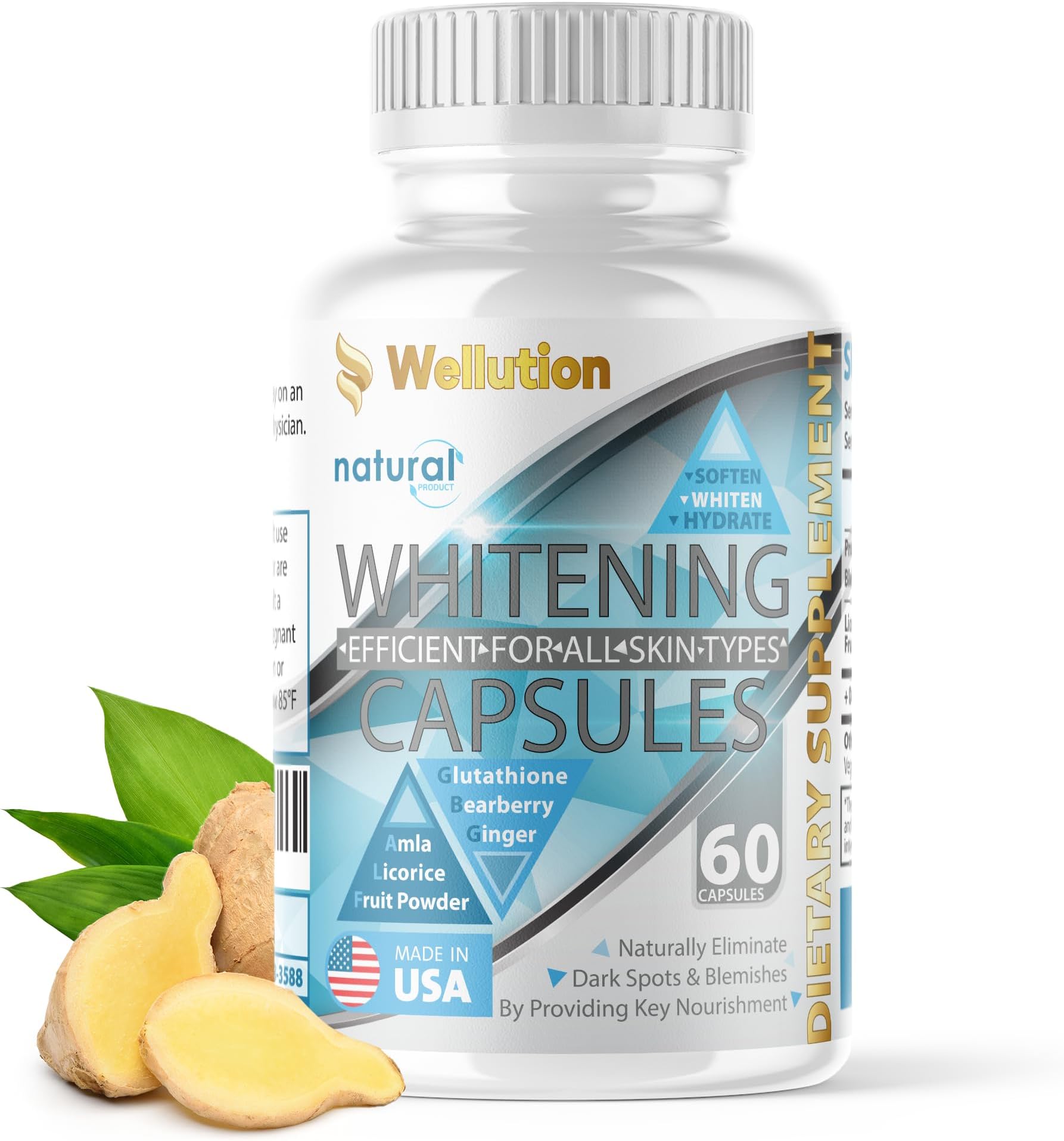 WELLUTION Skin Whitening Pills - Glutathione Supplement - 60 Capsules for Reduced Pigmentation & Blemishes - Herbal Formula - Made in USA