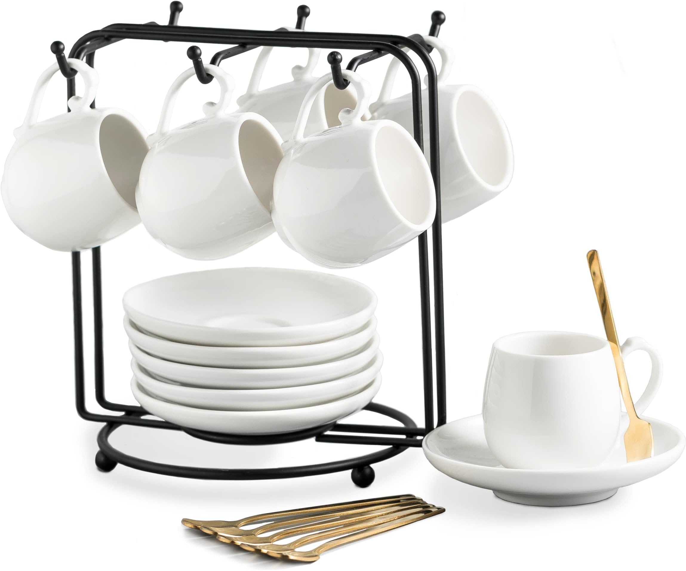 Espresso Cups with Saucers Set, 3 Ounces Coffee Cups with Metal Stand and Spoons, Ceramic Cappuccino Coffee Cups Demitasse Cups for Espresso, Latte, Cafe Mocha and Tea, Set of 6, White