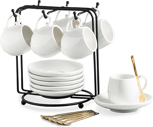 Miniatura 12 de LYEOBOH Juego de 6 tazas y platillos de espresso de 3 onzas, tazas de café pequeñas de cerámica con soporte de metal y cucharas, lindas tazas