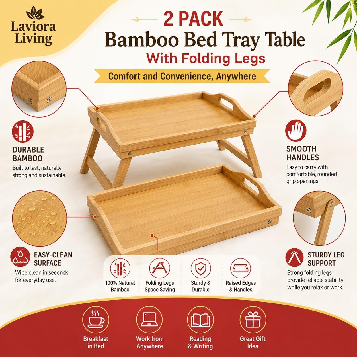 2 Pack Bamboo Bed Tray Table with Foldable Legs | Lap desks for Adults, Breakfast Tray, Wooden Serving Tray with Handles,Bed Table Tray for Eating, Reading & Working, TV Tray Table,