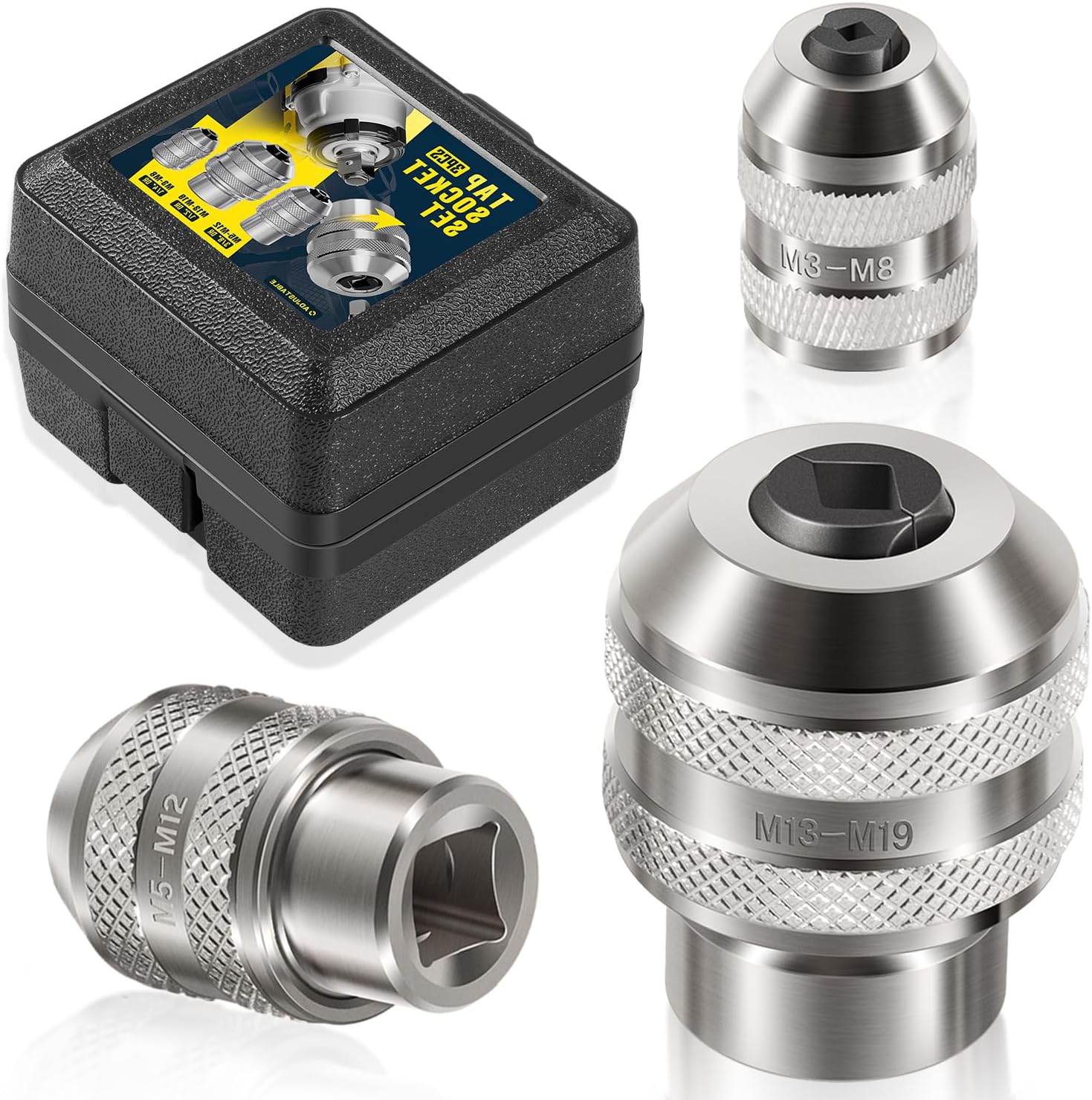 3-Piece Tap Socket Set Use with 1/4" & 3/8" & 1/2" Drive Ratchet Wrench, Fit Standard Taps, Reamers, Extractors with Square Shank (M3-M19)​