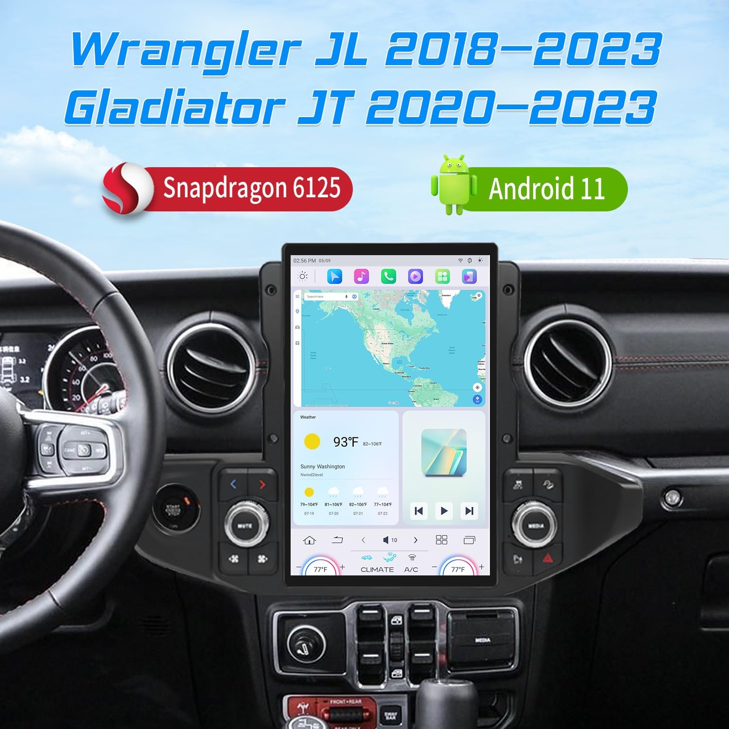 Cidava 13 Inch Car Radio for Jeep Wrangler JL 2018–2023 & Gladiator JT 2020–2023, Car Stereo Head Unit Replacement with Wireless CarPlay/Android Auto, Fast Boot, Upgraded DSP & EQ, 4G LTE, 8+128GB