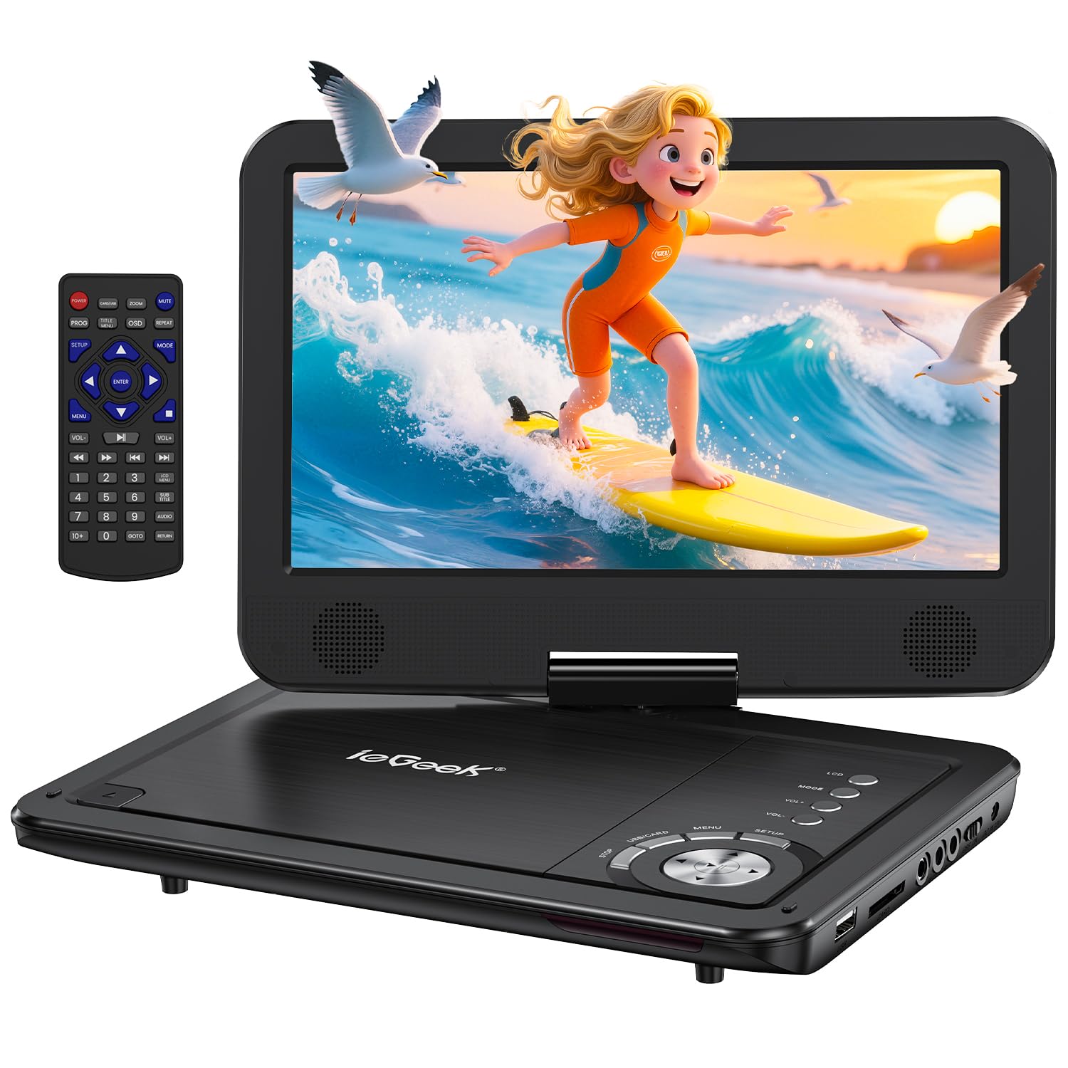ieGeek Portable DVD Player 12.5", with 10.5" HD Swivel Screen, Car Travel DVD Players 5 Hrs Rechargeable Battery, No Region Restrict Video Player for Kids, Remote Control, Sync TV, USB&SD, Black