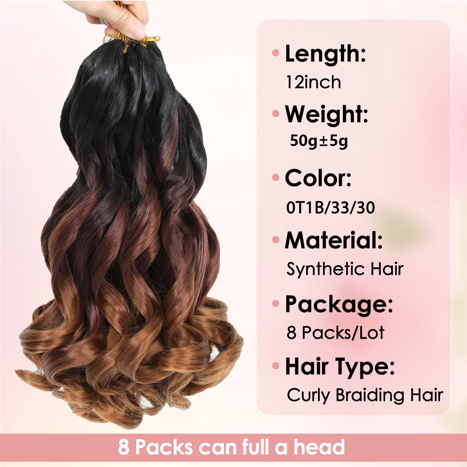 WoWCFyyds 8 Packs French Curl Braiding Hair 12 Inch Loose Wave Spiral Curly Braiding Hair Extensions 50g/Pack Soft French Curls Synthetic Hair Extensions for Braiding(1B/33/30) - Image 2