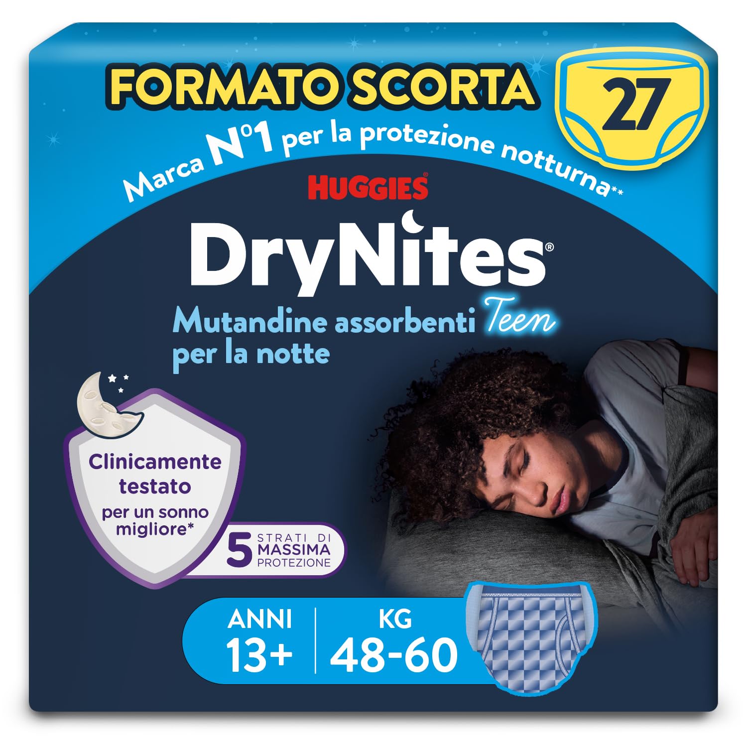 Huggies Drynites Mutandine Assorbenti per la Notte per Bambino, Taglia XL (48-60 Kg), Confezione da 27 Pezzi (9x3)