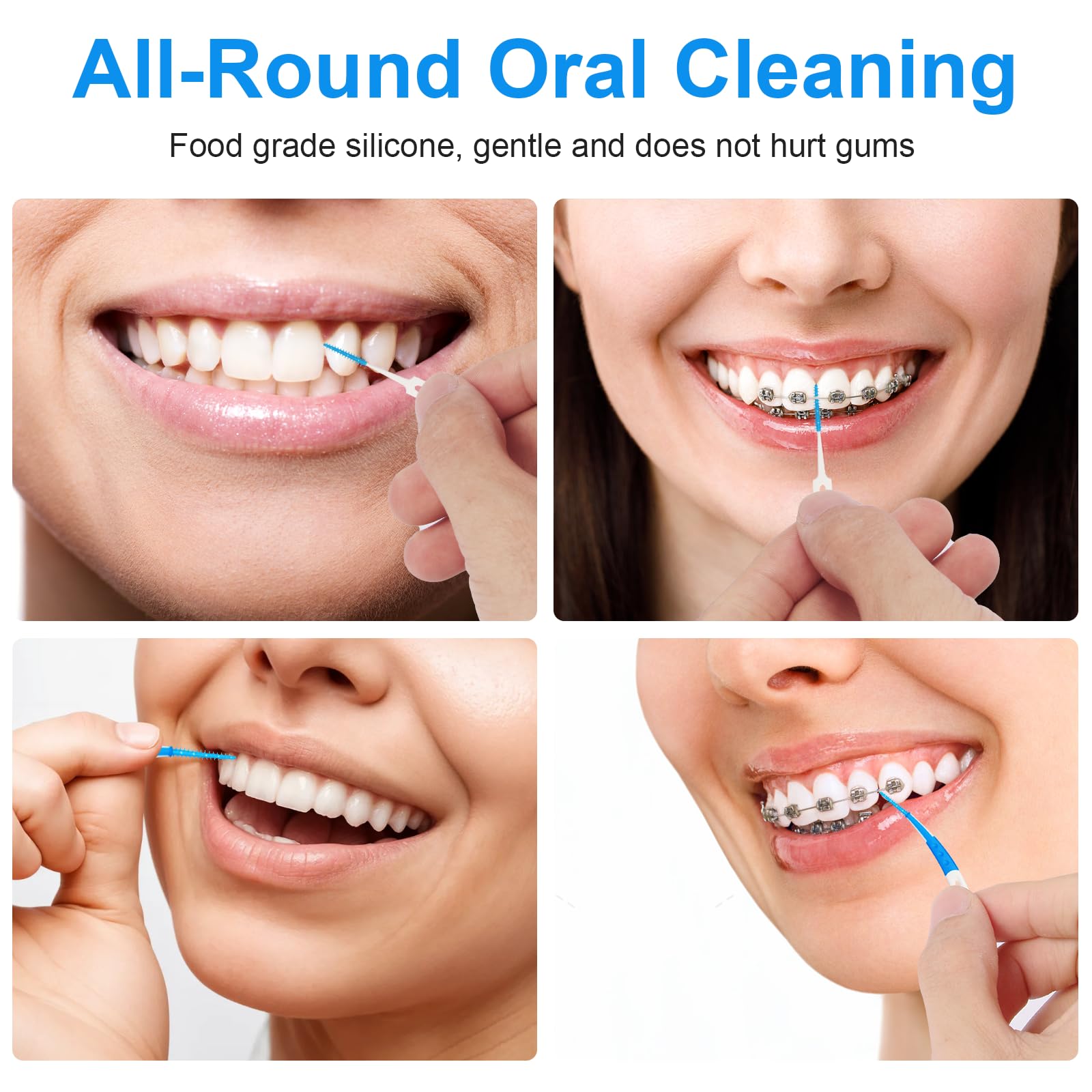 Palillos dentales para limpieza de dientes, 300 palillos de dientes de doble uso, 144 cepillos interdentales desechables en ángulo, color azul