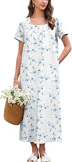 Ekouaer Cotton Nightgowns for Women Long Nightgown Short Sleeve Night Dress Button Sleepshirt with