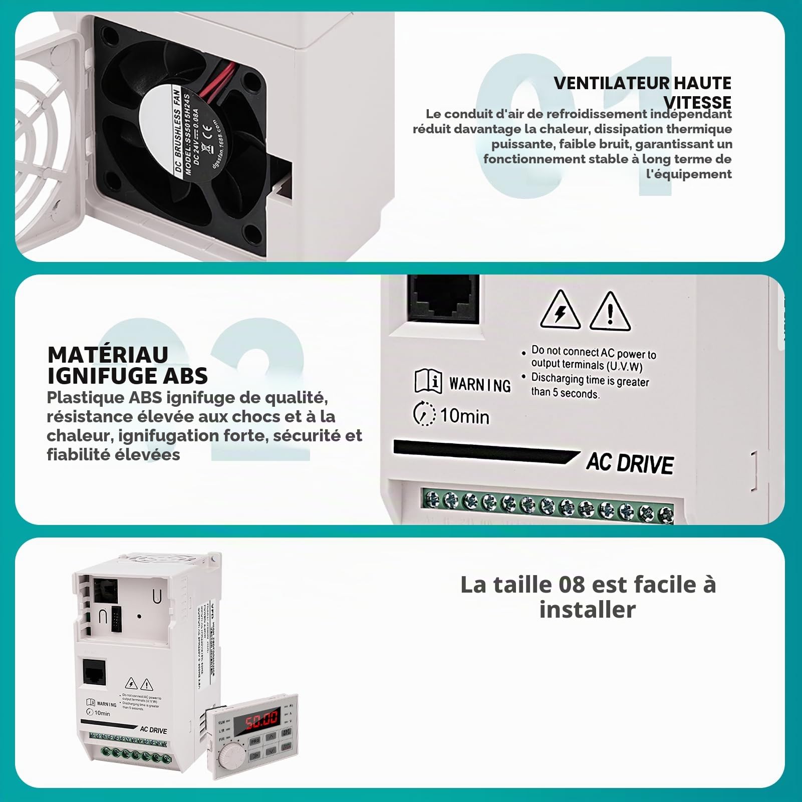 Variateur de Fréquence VFD Variateur 220V mono 380V tri Convertisseur de Fréquence CNC 2.2KW Transformateur 220V 380V, aux Ventilateurs, Pompes, Convoyeurs, ZHB600-2.2KW