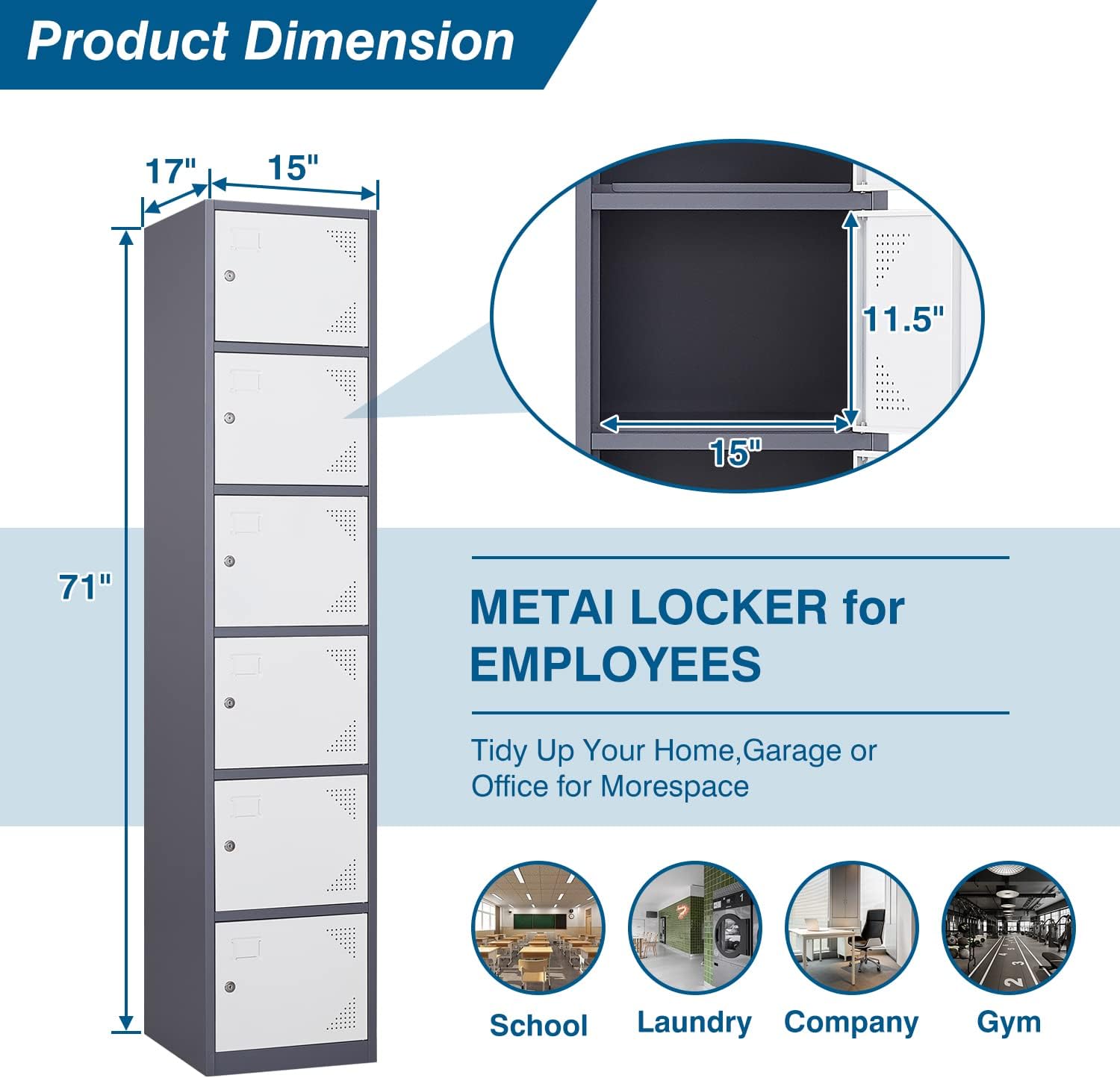 PEUKC Metal Locker Cabinet with 6 Doors, 71" Storage for Employees, 6 Tier Steel Locker with Lock and Keys for School, Gym, Home, Office Staff (Grey White)