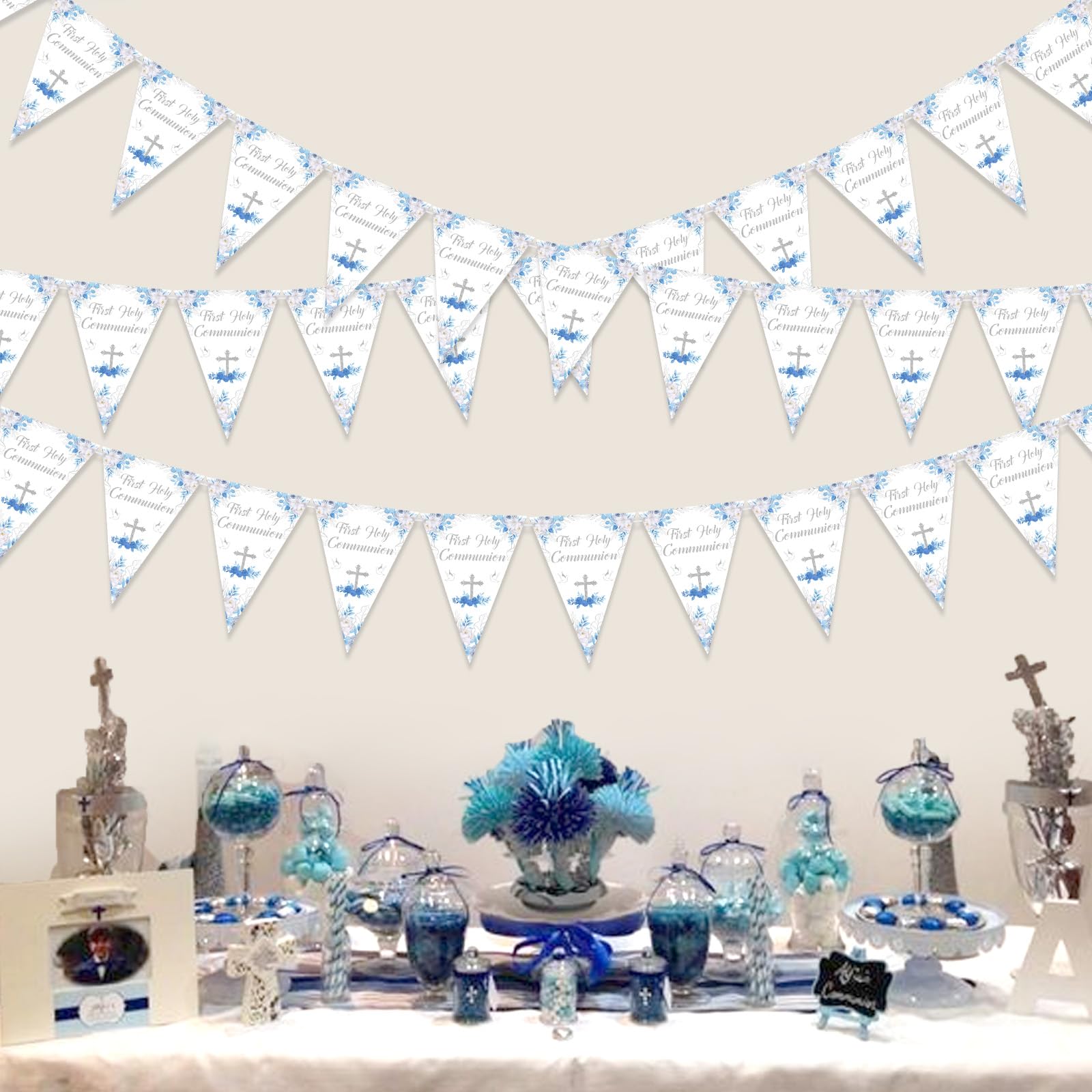 Jollyboom First Holy Communion Decorations for Boys Blue, 3 Pack First Holy Communion Banners, 36pcs Pre-Strung Baptism Flag Bunting Confirmation Decor for Boys First Holy Communion Christening Day - Image 2